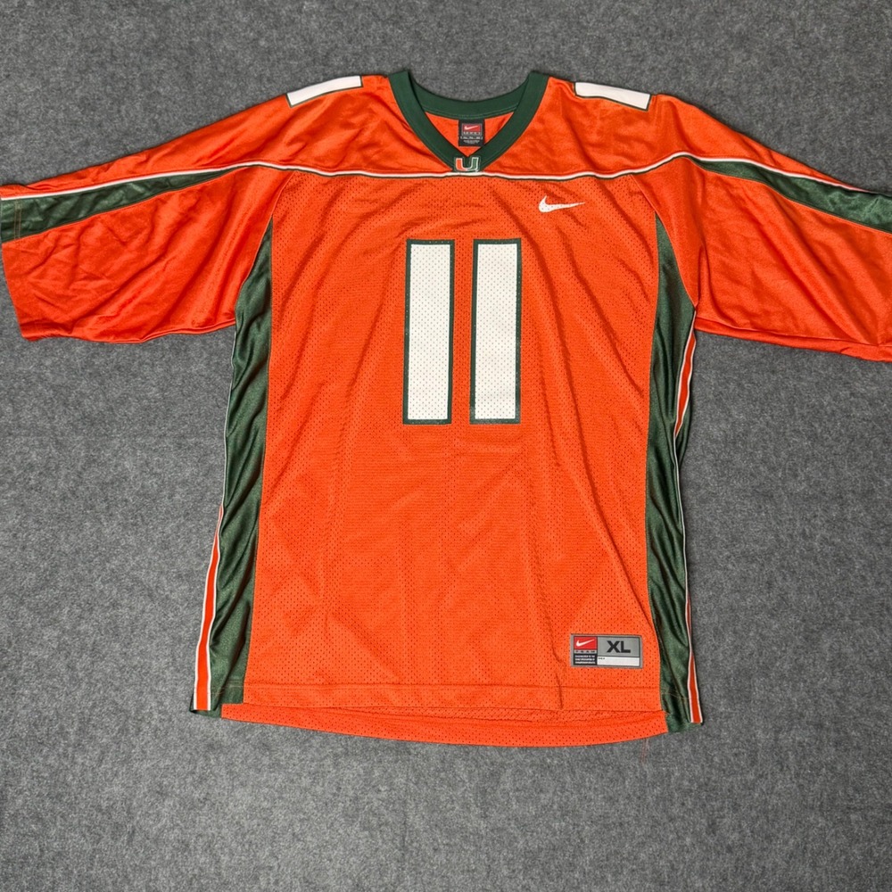 Nike University of Miami Hurricanes Football‎ Jersey Orange Green #11 Mens XL